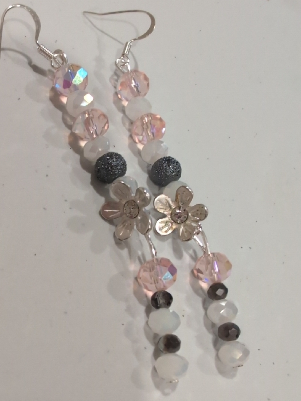 NWOT Handmade Pink Crystal & Silver Flower Drop Earrings